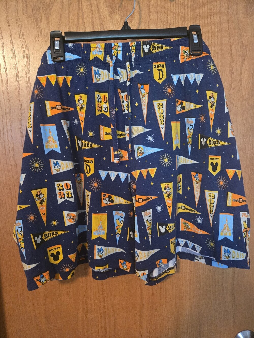 Navy Blue Graphic Summer Shorts with Pennant Print
